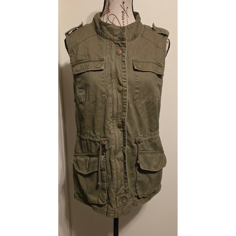 Per Se Womens Olive Green Utility Vest Cotton Military Safari Cargo Jacket Med